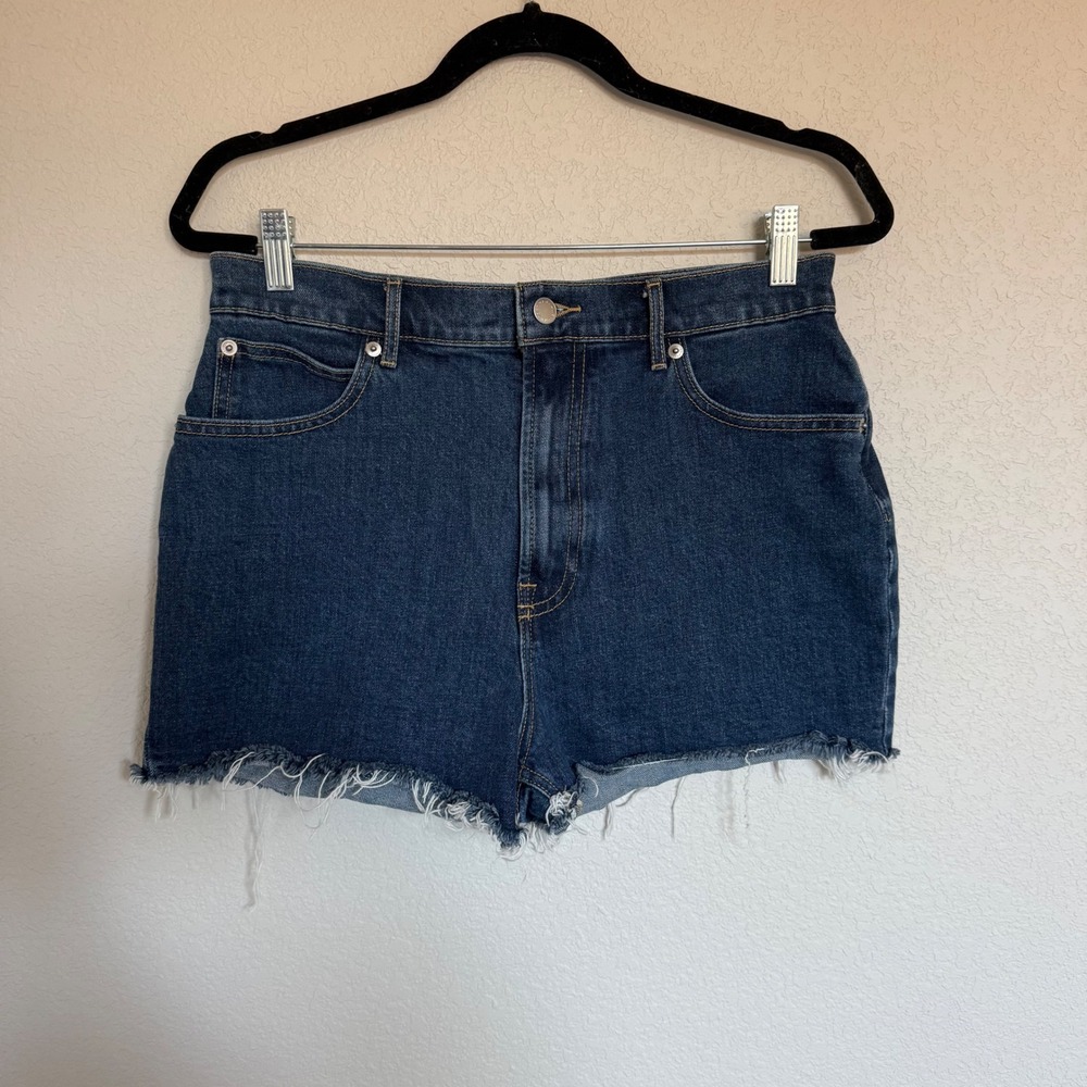 Everlane Way-High Denim Jean Shorts Dark Indigo Raw Hem High Rise 29 Sustainable